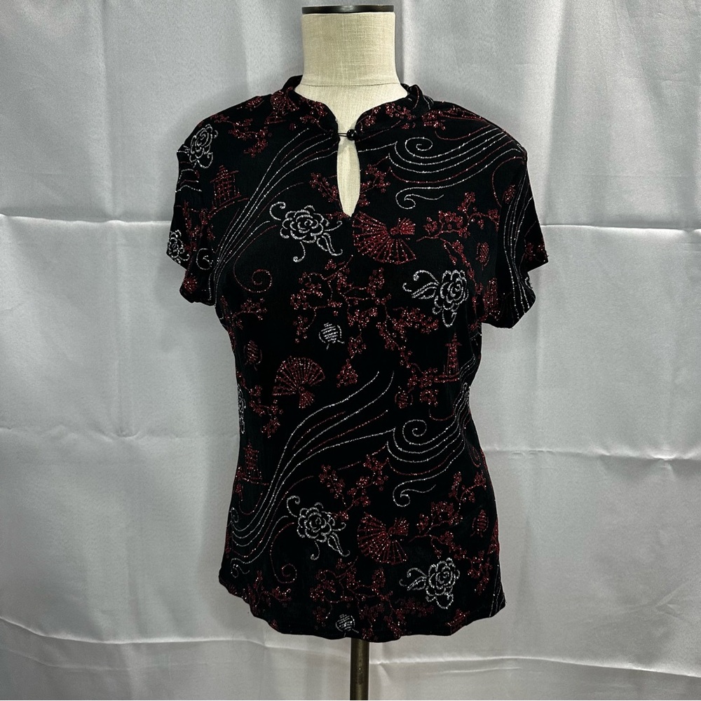 Onyx Nite Black & Red Asian-Inspired Glitter Keyhole Top Size Medium